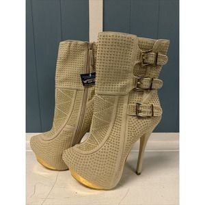 Sheikh Beige/Gold Stud 5.5"Stiletto Heel 2"Platform Ankle‎ Boot women Size 6.5